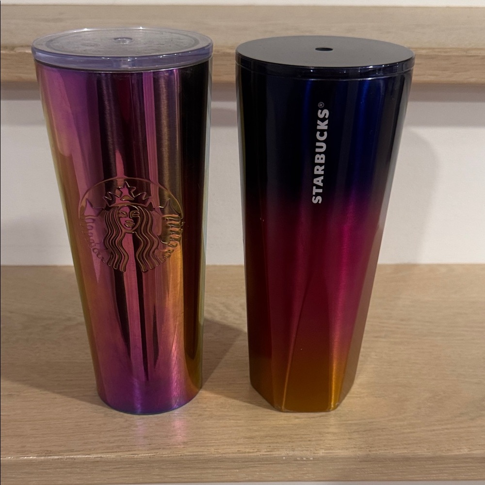 2 Starbucks Dark Gradient, and  Iridescent Pink  and Gold 24oz Metal Tumblers